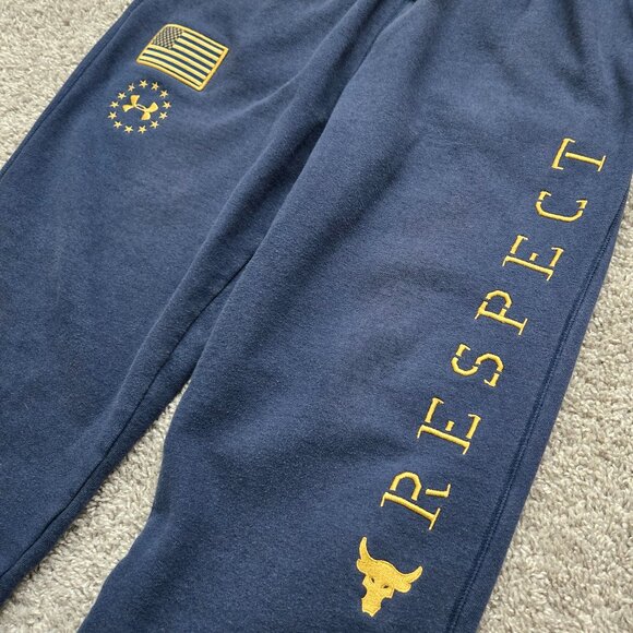 Under Armour Project Rock Sweatpants Men Navy Gold Patriotic Respect Spell Out L - Picture 2 of 6